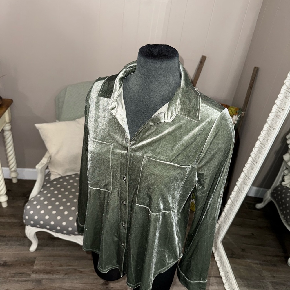 Easel • Moss Green Velvet Button Down Shirt - Picture 2 of 9
